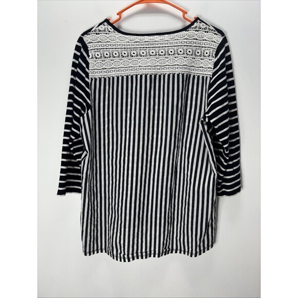 Chico's Pullover Top Blouse embroidery Black/White Stripe 100% Cotton 3/4 Sz 1 - Picture 7 of 11